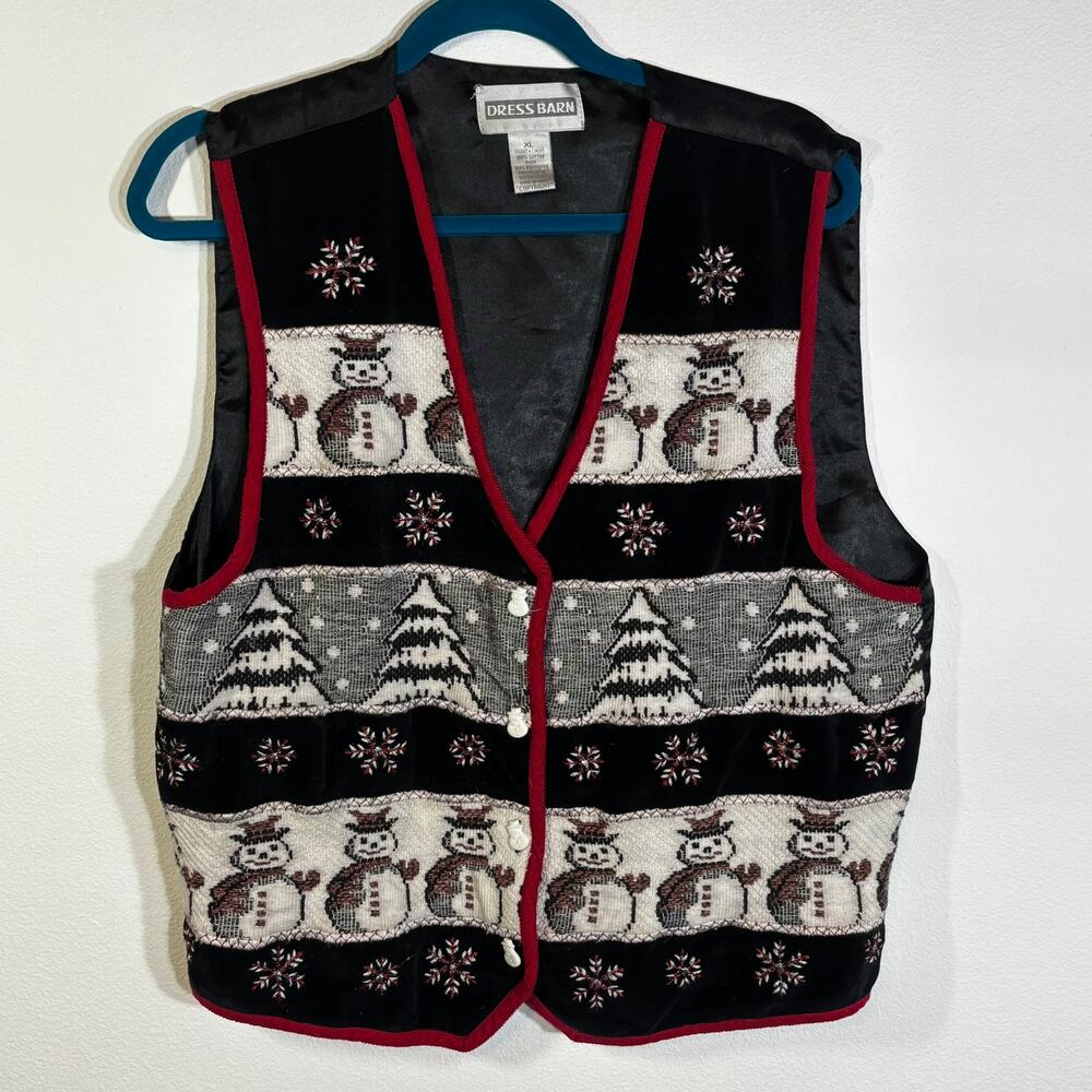 Vtg Dressbarn Snowman Print Embroidered Christmas Vest Snowman Buttons Size XL